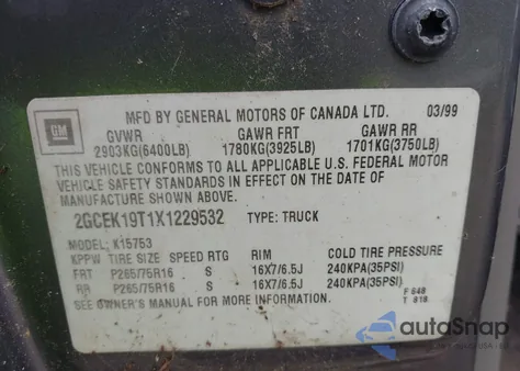 1999 Chevrolet Silverado 1500 Ls z USA, uszkodzony, nr VIN 2GCEK19T1X1229532